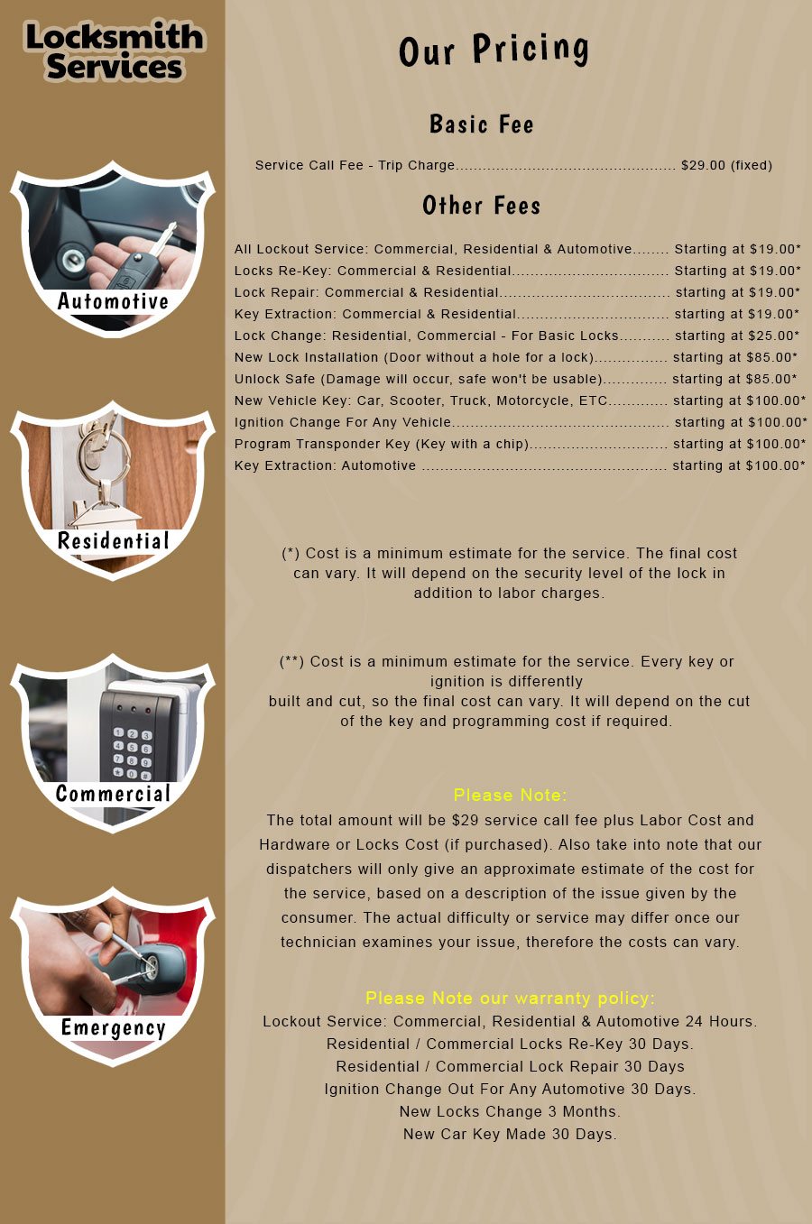 elite locksmith services price list